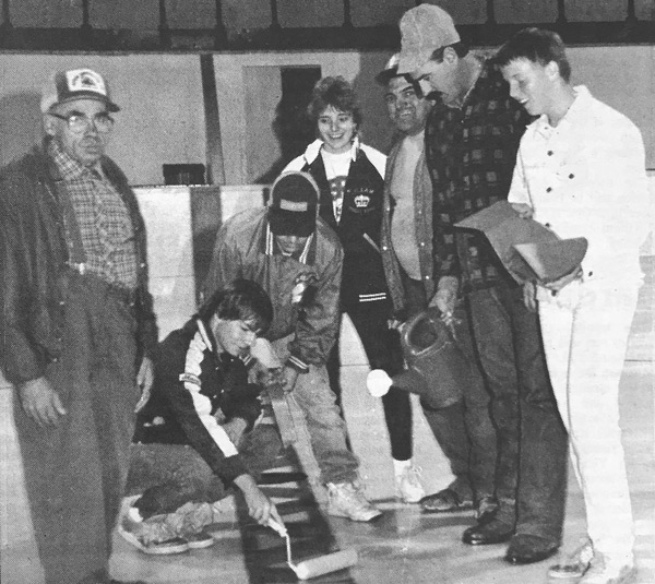 (The Community Press - October 6, 1987) Killam Ice in 24 Hours! Completing the task are Gord Enghoj, with Dallas Kelndorfer, Shawn Slavik, Tracy Towers, Bruce Gair, and Murray Gaume. 