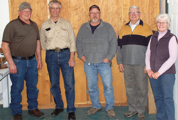 The Flagstaff Carvers held a reception last Wednesday, March 19, to mark the grand opening of their new facility in Killam. From left: Jerome Zimmel, Dennis Penner, Murray Moulder, Denis Boutin, and Donna Congdon. Missing from photo: Brandon Pederson.