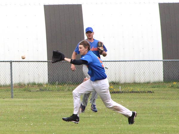 Lougheed centerfielder   Derek Chevraux races in front of teammate Mitchell Frost  to cutoff the ball and hold the runner.