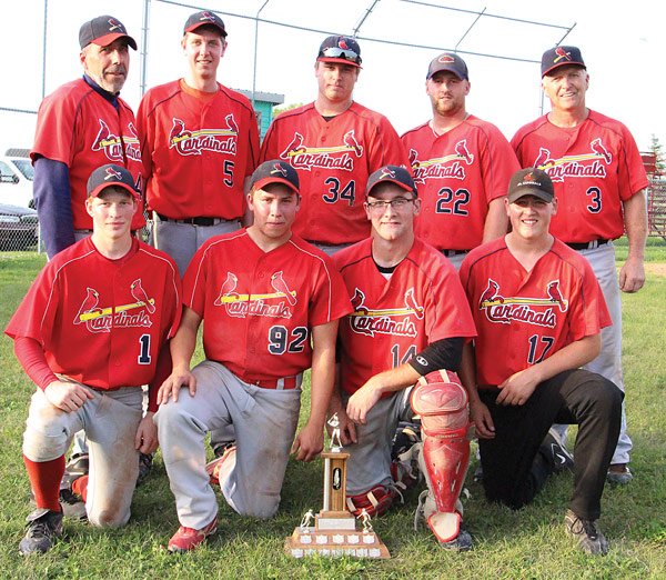 The Heisler Cardinals won the BRBL final series two games to one against the Rosalind Athletics. The final for game three was 4-1 for the Cards to take the BRBL title for the third consecutive year. The winning Heisler squad pictured above is: Front row from left, Alex Badry, Nolan Miller, Blaine Wolbeck, Jason Albers. Back row: Lorne Schulte, Scott Heisler, Cory Martz, Cody Wolbeck, and Dave Wolbeck. Missing from the photo are: Todd Steil, Trent Steil, Kris Wolbeck, Dave Curtis, Devan Herder, Alex Roth, Ty Dietrich, Gus Dietrich, Dave Heisler, and Braden Erickson.