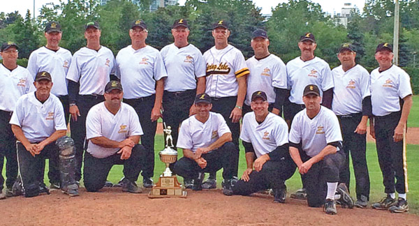 The 2014 Spring Lake Masters team took home first place at the Canadian National Oldtimers Baseball Championships earlier this month in Brampton, Ontario. Back row (from left): Darcy Meyer, Ron Zimer, Curtis Schurger, Dave Curtis, Kelly Zimmer, Bye Braun, Don Oslund, Kevin Zimmer, Randy Greenwall, Doug Zimmer. Front row (from left): Reg Zimmer, Bill Zimmer, Pete LeDoux, Sid Wells, Grayden King.