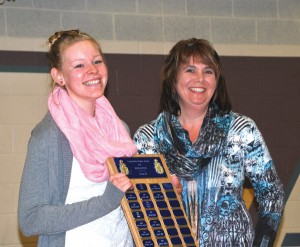 Karen Cannady, presenter and award sponsor, with Forestburg student Wren Wetmore during Forestburg School Awards, held Sunday, Nov. 2