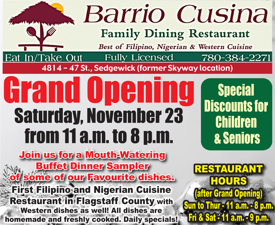 Barrio Cuisina Family Dining Restaurant - 4814 - 47 St. Sedgewick, Alberta. Best of Filipino, Nigerian, & Western Cuisine. 780-384-2271.