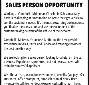 Full Time Sales Person - Killam, AB