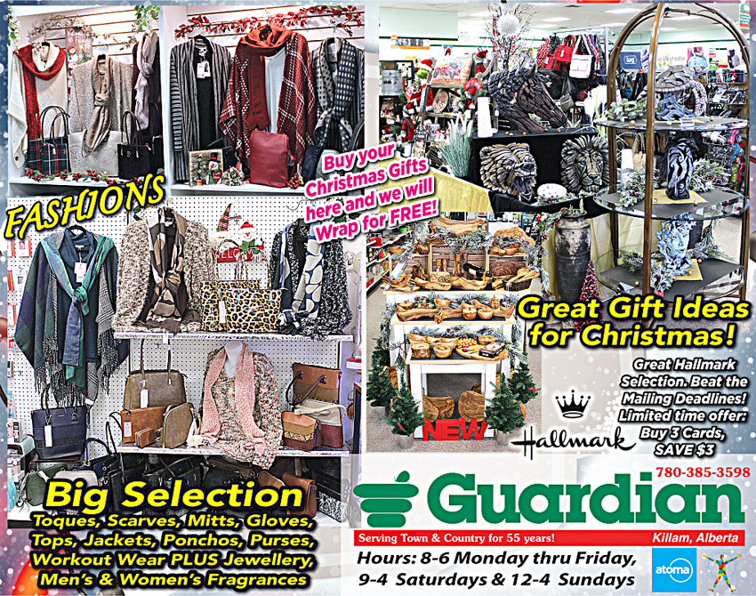Town & Country Guardian Drugs in Killam. Open 7 days a week. Great Gift Ideas for Christmas! Hallmark!