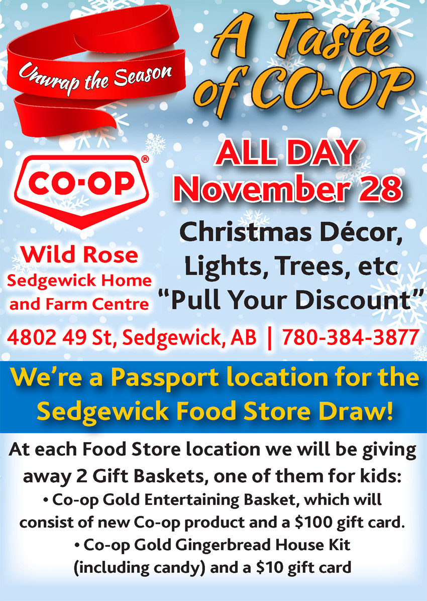 Wild Rose Co-op Sedgewick Service Centre, Sedgewick Food Store, Sedgewick Home & Farm, Sedgewick, Alberta. A Taste of Co-op. 