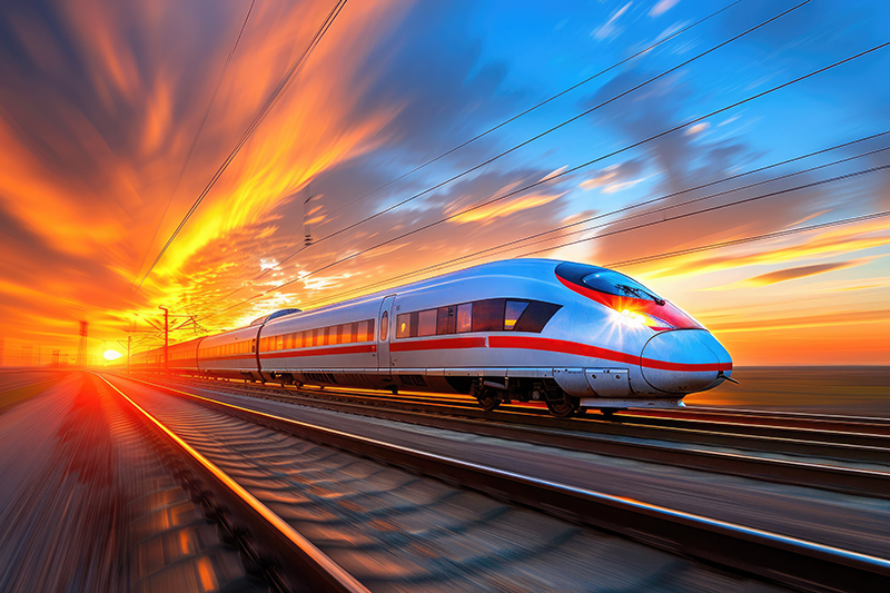 A scenic train travels down the tracks as the sun sets beautifully