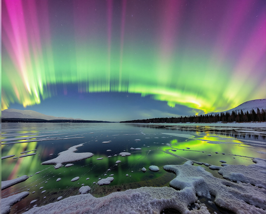 Stunning Aurora Borealis Over Frosty Lake at Night in Winter