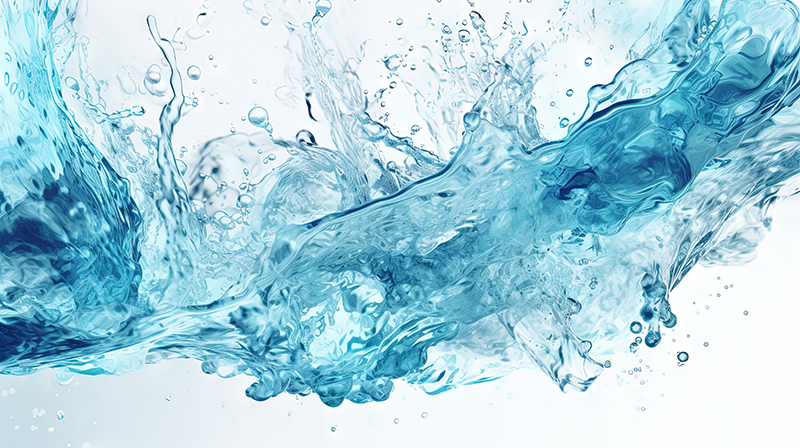 Blue water splash on white background. Liquid drips scattered. Generated AI.