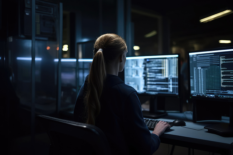 Rear view of a young female programmer working on computer in da